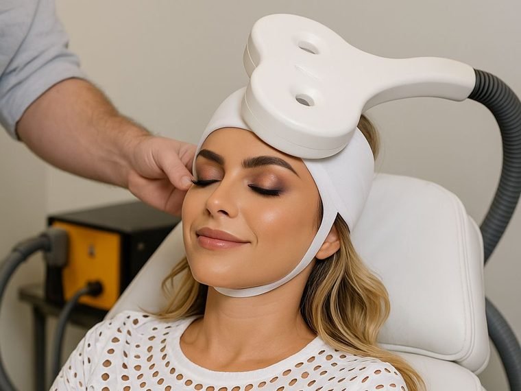 Paciente durante sessão de Estimulação Magnética Transcraniana